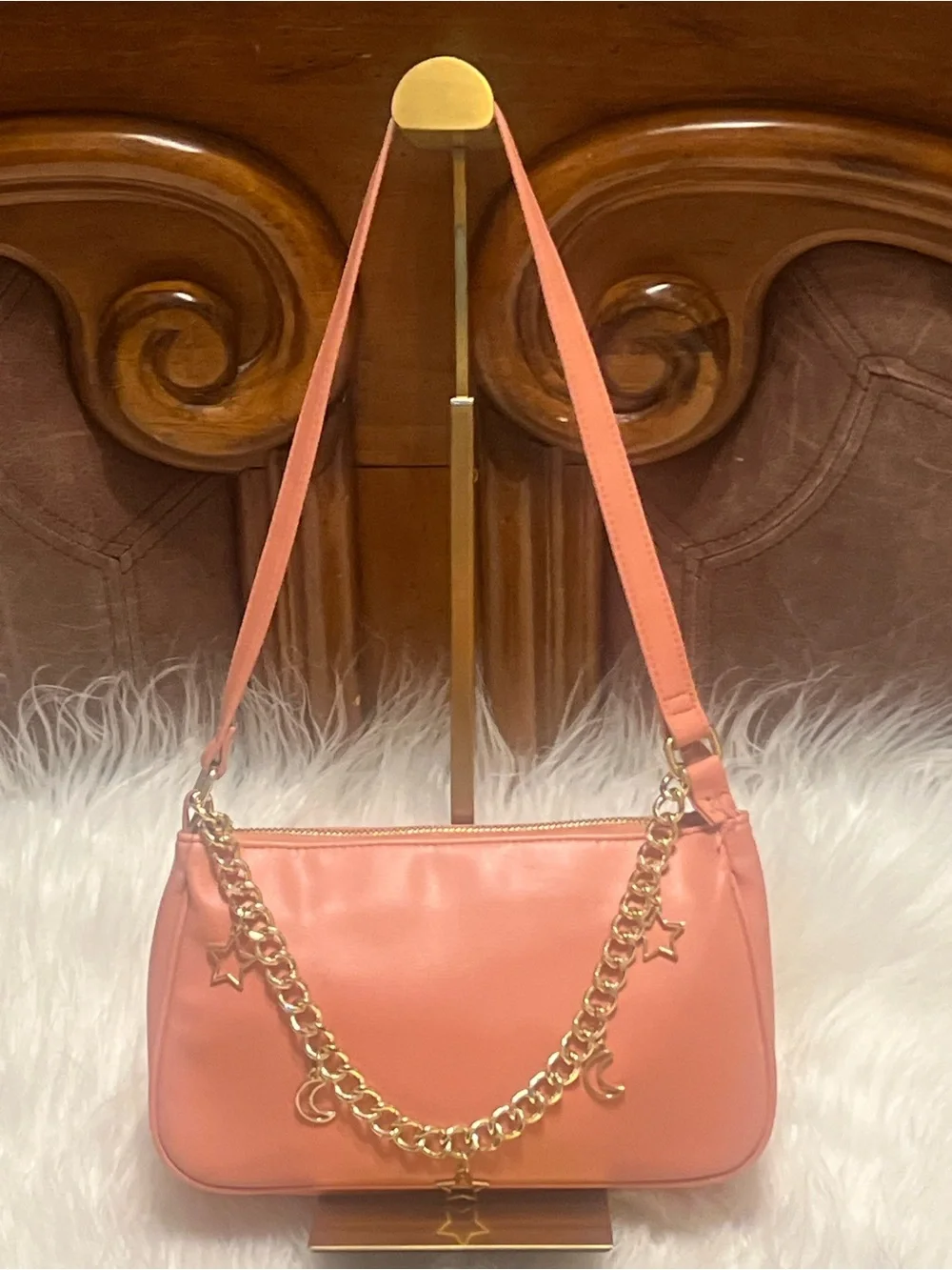 wild fable Coral Shoulder Bag with Gold Star & Moon Charm Chain